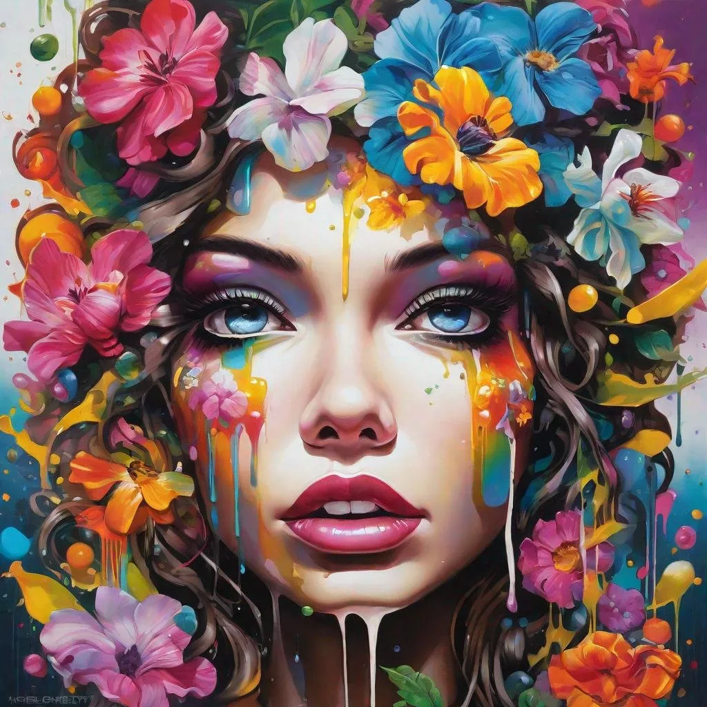 Prompt: Flower Siren graffiti art, splash art, street art, spray paint, oil gouache melting, acrylic, high contrast, colorful polychromatic, ultra detailed, ultra quality, CGSociety