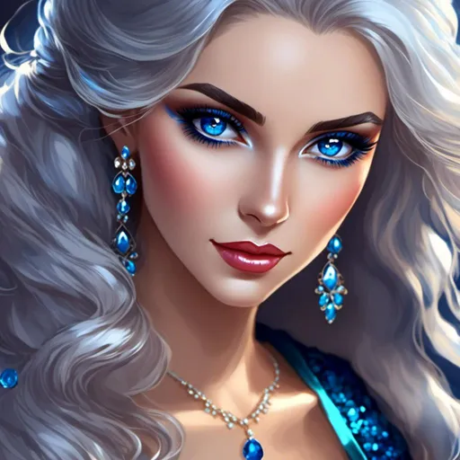 Prompt: <mymodel>A beautiful woman, white hair, blue eyes, blue eyeshadow, blue jewels on forehead