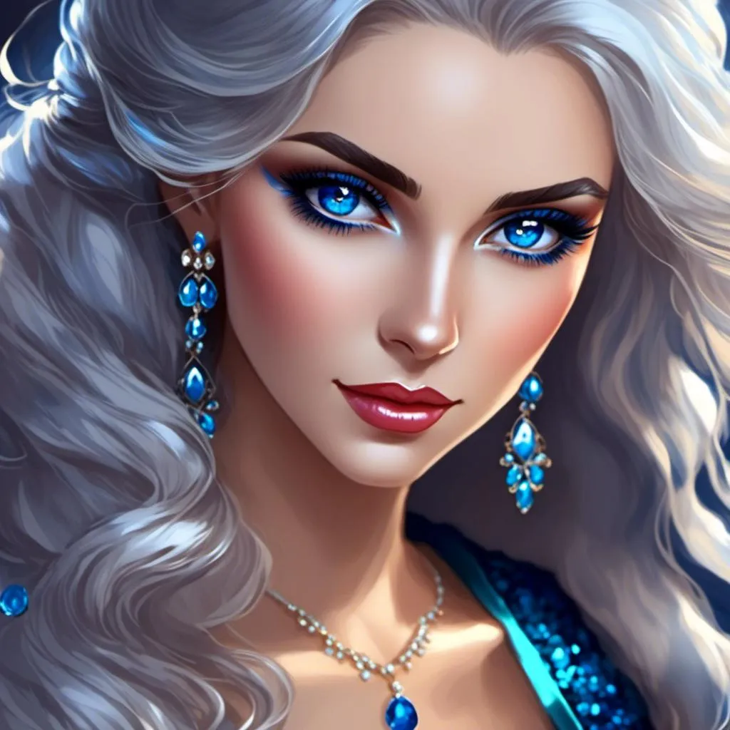 Prompt: <mymodel>A beautiful woman, white hair, blue eyes, blue eyeshadow, blue jewels on forehead