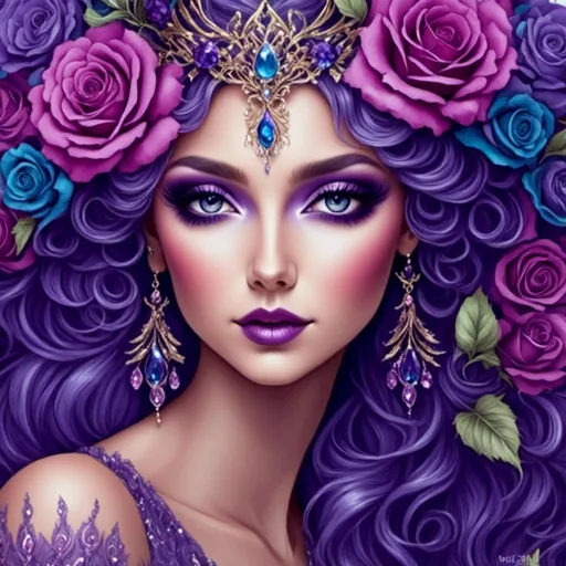 Prompt: <mymodel> peacock fairy goddess, purple roses, facial closeup