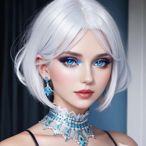 Prompt: A beautiful woman, white hair, blue eyes, blue eyeshadow, blue jewels o