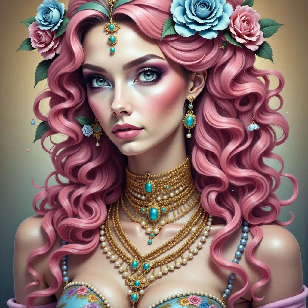 Prompt: a woman with pink hair and blue eyes wearing a necklace and earrings with roses on her head and a necklace with pearls, Edwin Georgi, photorealism, highly detailed digital painting, a photorealistic painting