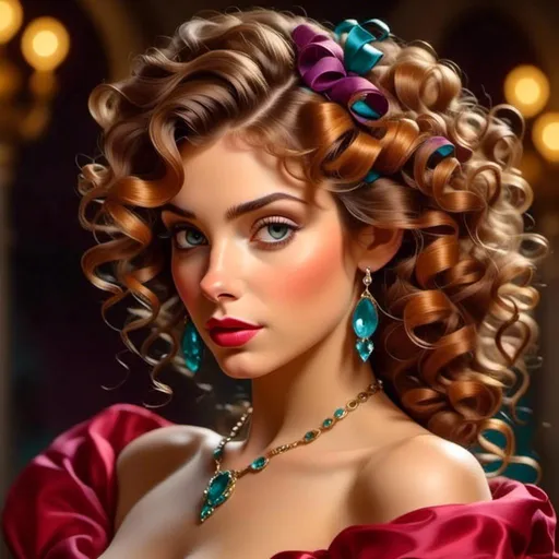 Prompt: <mymodel>A beautiful woman,long curly hair pinned back, adorned in colors of teal blue and magenta