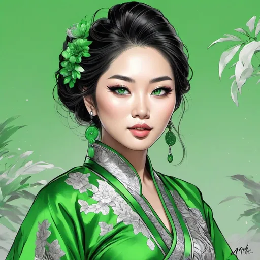 Prompt: <mymodel>Detailed illustration of a asian woman in vibrant green attire, large vivid green eyes, elegant makeup, digital painting, high resolution, realistic style, vibrant green, professional lighting