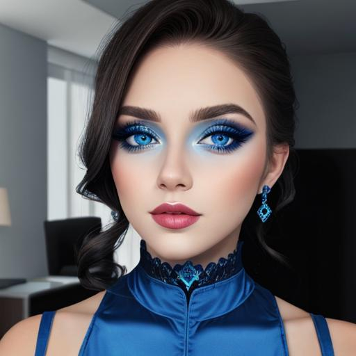 Prompt: A woman all in blue, blue eyes, pretty makeup