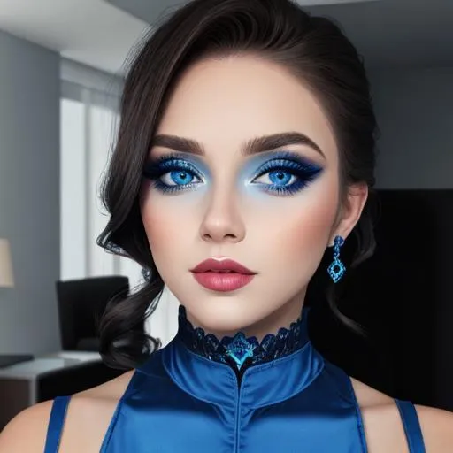 Prompt: A woman all in blue, blue eyes, pretty makeup