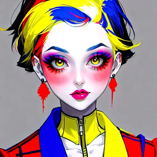 Prompt: A woman all in primary colors, pretty makeup