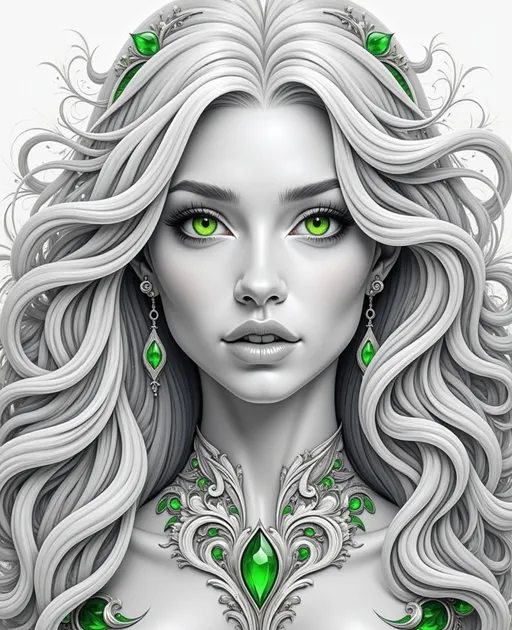 Prompt: This is a highly detailed, digital drawing of a strikingly beautiful woman with a monochromatic color palette, except for her vivid green eyes and jewelry. The woman has long, flowing, wavy silver hair that cascades around her face and shoulders, with each strand meticulously rendered to show texture and volume. Her skin is smooth and pale, giving her an ethereal, almost otherworldly appearance. She has full lips, a straight nose, and well-defined eyebrows. Her green eyes are large, expressive, and slightly almond-shaped, standing out sharply against her otherwise grayscale face. 

She is wearing ornate, green gemstone earrings that match the green gemstone pendant resting on her chest. The pendant is set in an intricate, silver necklace that features delicate, swirling patterns. The background is plain white, ensuring that all focus remains on the woman's detailed and striking features. The style of the drawing is realistic with a slight fantasy element, emphasized by the color contrast and the intricate jewelry. The overall composition is symmetrical, with the woman's face centered, and her gaze directed straight ahead, creating a sense of depth and engagement with the viewer.
