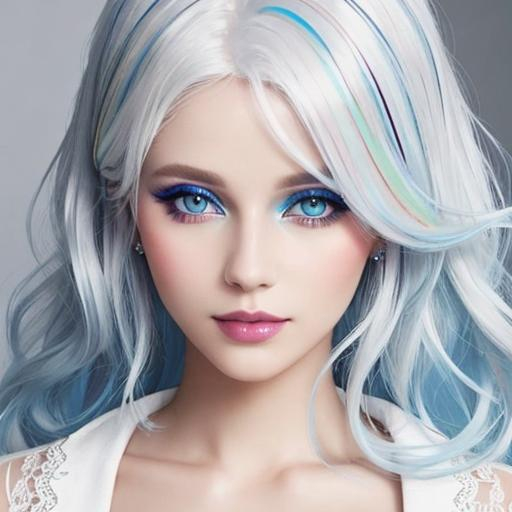 Prompt: A beautiful woman, white hair with pastel highlights, blue eyes, blue eyeshadow, blue jewels on forehead