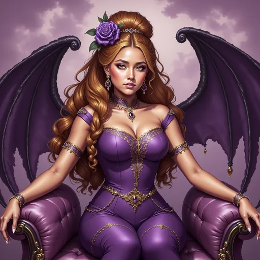 Prompt: a woman in a purple dress with large wings on her back. a cloudy purple background sitting on a velvet bench, Anne Stokes, gothic art, purple, a detailed painting