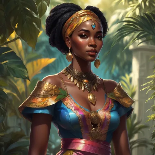 Prompt: Full body, Fantasy illustration of a black female noble woman, 21 years old, beautiful, black skin, elegant hairstyle, colorfull and elegant african-style garment, delicate jewellery, shamefull expression, high quality, rpg-fantasy, detailed, in a tropical garden