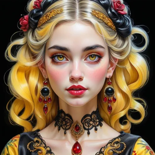 Prompt: <mymodel> beautiful woman, hair pinned up, yellow red black dress, earrings, Watercolor, trending on artstation, sharp focus, studio photo, intricate details, highly detailed, by  Josephine Wall and Jasmine Becket-Griffith