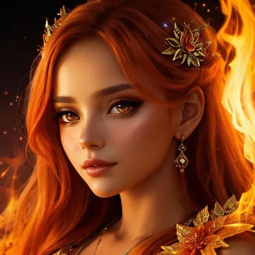 Prompt: fairy goddess, warm colors, fiery background, closeup