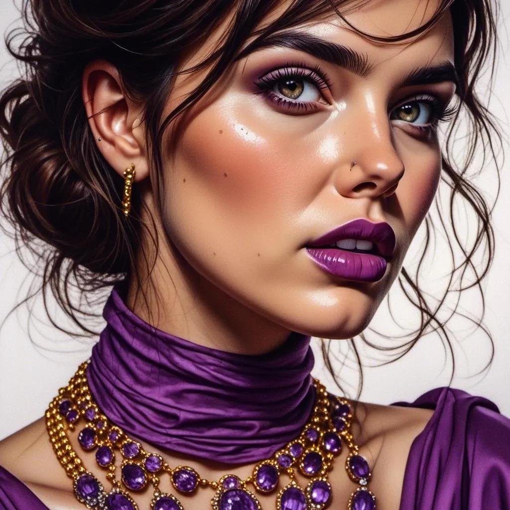 Prompt: <mymodel> a woman with a purple lipstick and a gold necklace on her neck and a purple dress on her shoulders, Edwin Georgi, photorealism, highly detailed digital painting, a digital painting