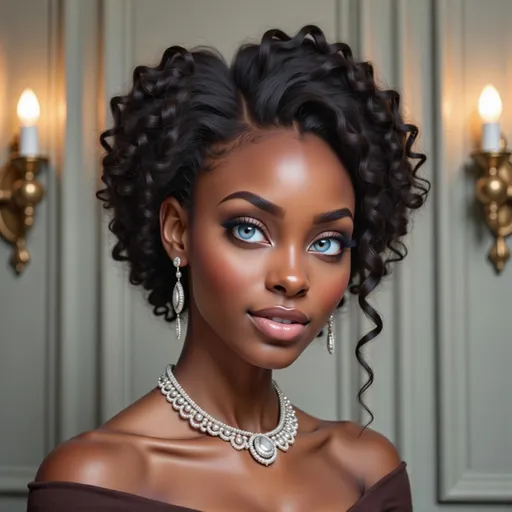 Prompt: With a strikingly sophisticated air, a young woman exudes confidence against a softly lit background, characterized by elegant wall sconces that cast a warm glow. Her beautifully styled, voluminous curly hair frames her face, highlighting delicate features and enhancing her radiant smile. Adorned with elegant pearl jewelry—an intricate necklace and matching earrings—she enhances her refined appearance, while her deep brown top adds a chic touch. The soft, muted tones of the setting, combined with her radiant expression, create an inviting and graceful ambiance, suggesting a moment of poised elegance and celebration.
