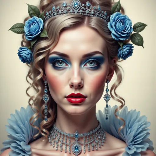 Prompt: a woman with blue makeup and a tiara on her head with roses on her head and a blue dress, Anna Dittmann, gothic art, highly detailed digital painting, a digital painting