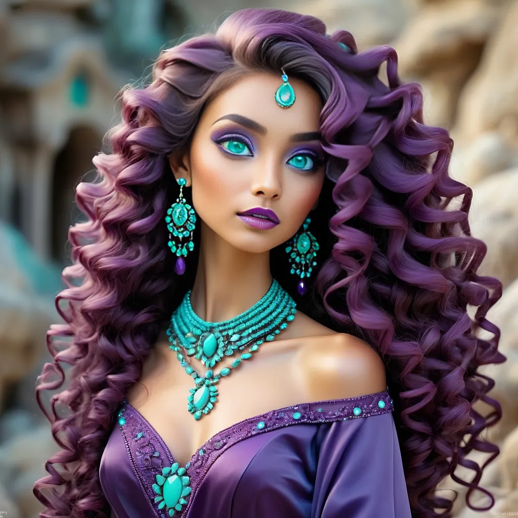 Prompt: <mymodel>An extremely gorgeous woman,  with turquoise jewels, in color scheme of purple, long curly hair