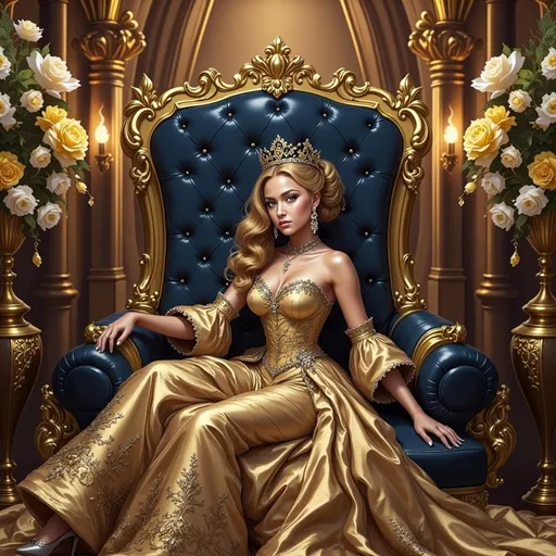 Prompt: a queen in a gold dress sitting on a blue velvet throne with a crown on her head, Dirk Crabeth, fantasy art, regal, a photorealistic painting