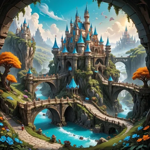 Prompt: Snow White in a  fantastical landscape unfolds, dominated by an intricately designed castle adorned with turquoise domes and spires, set against a sky painted in vibrant swirls of blue and orange, suggesting a magical atmosphere. Lush greenery and blooming flowers frame a tranquil river that reflects the shimmering beauty of the castle and the surrounding cliffs. Arched bridges built of ornate wood connect the land, adorned with colorful foliage that spills over in abundance, enhancing the enchanting feel of the scene. The overall composition creates a dreamlike quality, inviting viewers into a realm where nature and architecture harmoniously coexist in a moment of serene wonder.