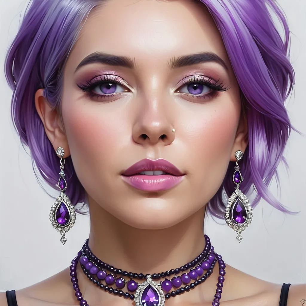 Prompt: a digital painting of a woman with purple hair and jewelry on her neck and chest, wearing a necklace and earrings, Artgerm, photorealism, highly detailed digital painting, a photorealistic painting