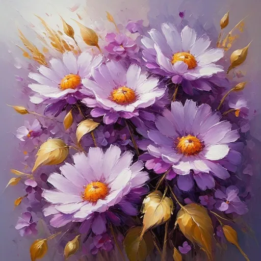 Prompt: Purple flowers, vibrant petals, high quality, oil painting, detailed textures, impressionist style, natural lighting, serene atmosphere