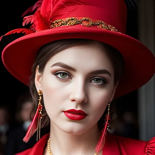 Prompt: <mymodel>fashionable 1st class  female passenger on the Titanic, pale skin, dark styled hair, large lips,  looking sad, facial closeup, vibrant colors, red dress and elaborate hat with feathers
