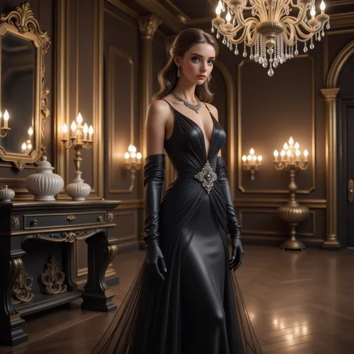 Prompt: Draped in an exquisitely tailored black gown that flows elegantly to the floor, a poised woman stands in a lavishly appointed room, exuding an air of sophistication and mystery. Her sleek, styled hair and striking necklace complement the intricate beading on her dress, while the long gloves further enhance her poised posture. The opulent environment features rich dark wood paneling, lavish chandeliers, and soft candlelight, creating a warm yet dramatic ambiance. Reflecting a glamorous past, the ornate décor captures the essence of a bygone era, contributing to the narrative of elegance and allure. The interplay of light and shadow accentuates her figure, drawing attention to the delicate details of her attire while enveloping the scene in a soft, romantic glow.