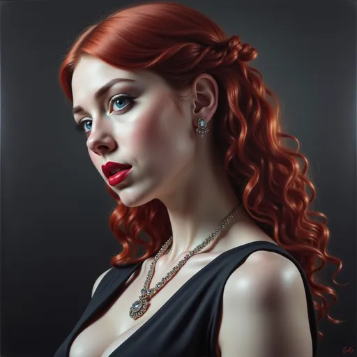 Prompt: a woman with red hair and a necklace on her neck and a black dress on her chest and a red lip, Anka Zhuravleva, photorealism, photorealistic portrait, a photorealistic painting