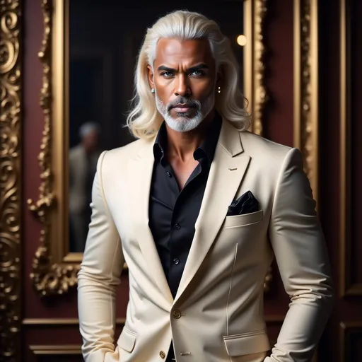 Prompt: With an air of sophistication, a striking figure stands confidently in a luxurious setting, exuding charisma and elegance. He sports long, flowing platinum blonde hair that frames his chiseled features, which are accentuated by a carefully groomed beard and piercing blue eyes. Clad in a tailored ivory blazer over a sleek black shirt, his look is completed with a subtle pocket square, adding a touch of refinement. The backdrop features ornate gold framing, contrasting beautifully with the rich textures of the environment, evoking a sense of opulence reminiscent of classic portraiture. The overall composition creates a captivating allure, blending high fashion with timeless aesthetics, leaving an impression of confidence and elegance.