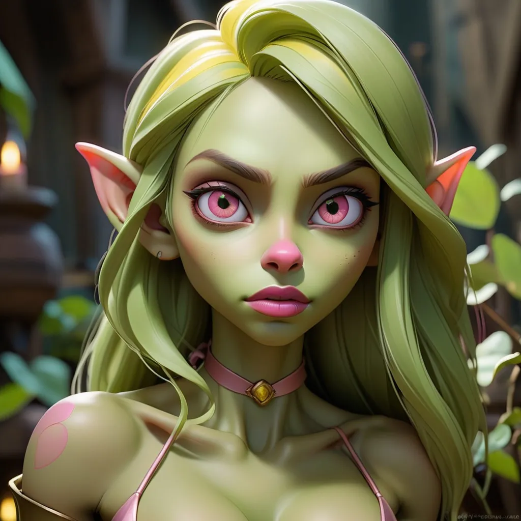 Prompt: beautiful goblin girl, showing clevage, pink Areolae, light pink nose, yellow eyes, green skin, smooth skin, supple lips, soft skin, very young