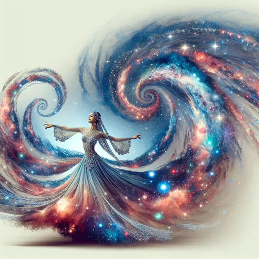 Prompt: a stunning depiction of a dancer whose flowing movements create beautiful, swirling galaxies. The dancer's form and dress are painted with stars and cosmic dust, illustrating the harmony between human expression and the universe. Light background