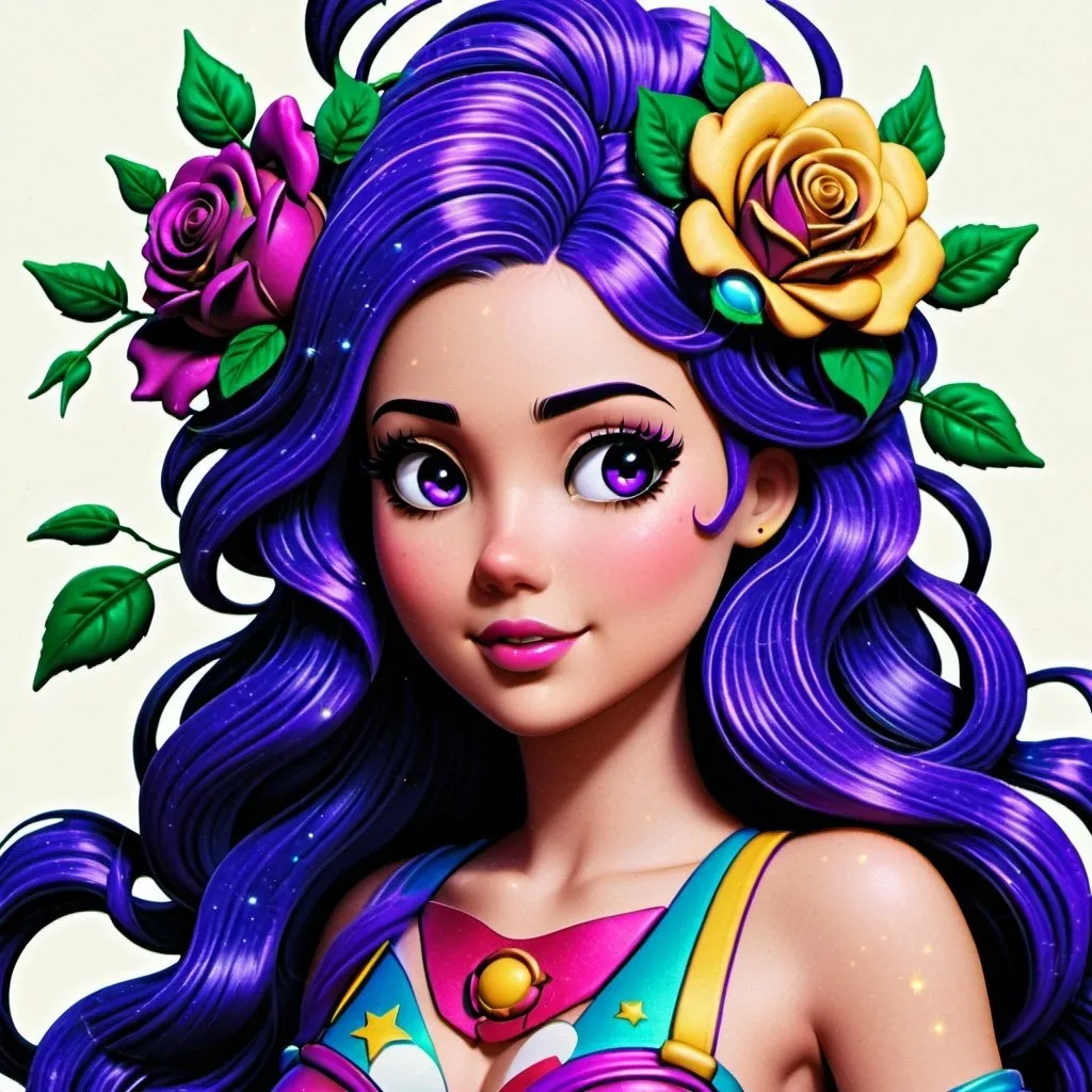 Prompt: Cosmic Epic Beauty, Beautiful and Gorgeous, purple roses in hair