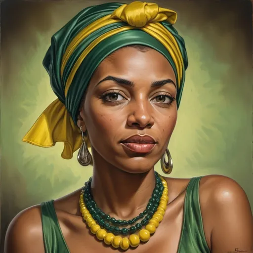 Prompt: a woman with a green dress and a yellow head scarf on her head and a necklace on her neck, Ernie Barnes, photorealism, highly detailed digital painting, a photorealistic painting