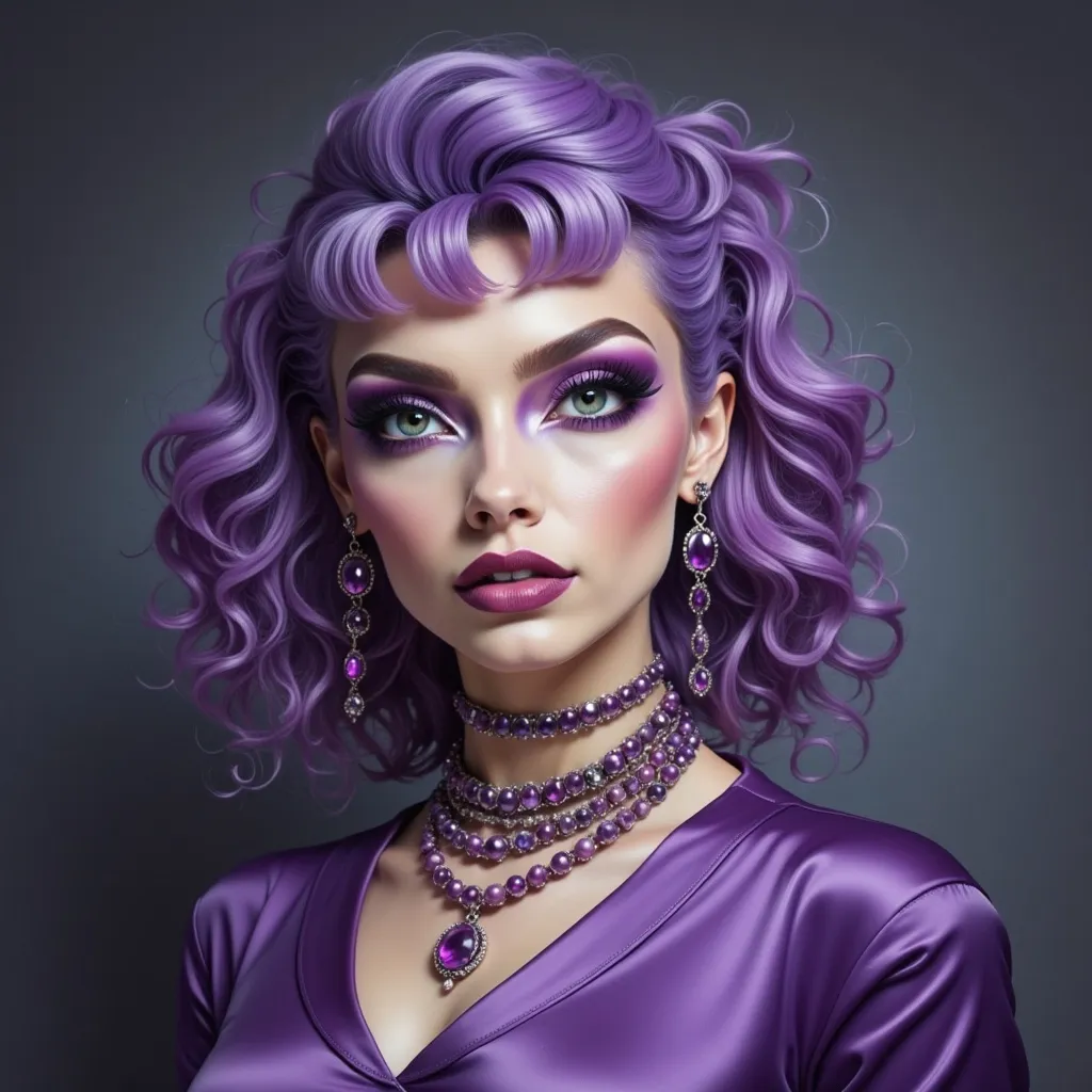 Prompt: a woman with purple makeup and purple hair is wearing a purple outfit and purple necklaces and purple eyeliner, Eva Frankfurther, synchromism, purple, a photorealistic painting