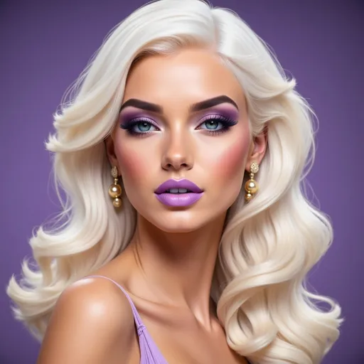 Prompt: Hypnotic bimbo  platinum  blonde   gold lips and purple eyeshadow 