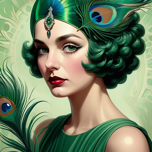 Prompt: a woman with a green dress and a peacock feather headpiece on her head and a green feather on her head, Edwin Georgi, art deco, highly detailed digital painting, an art deco painting