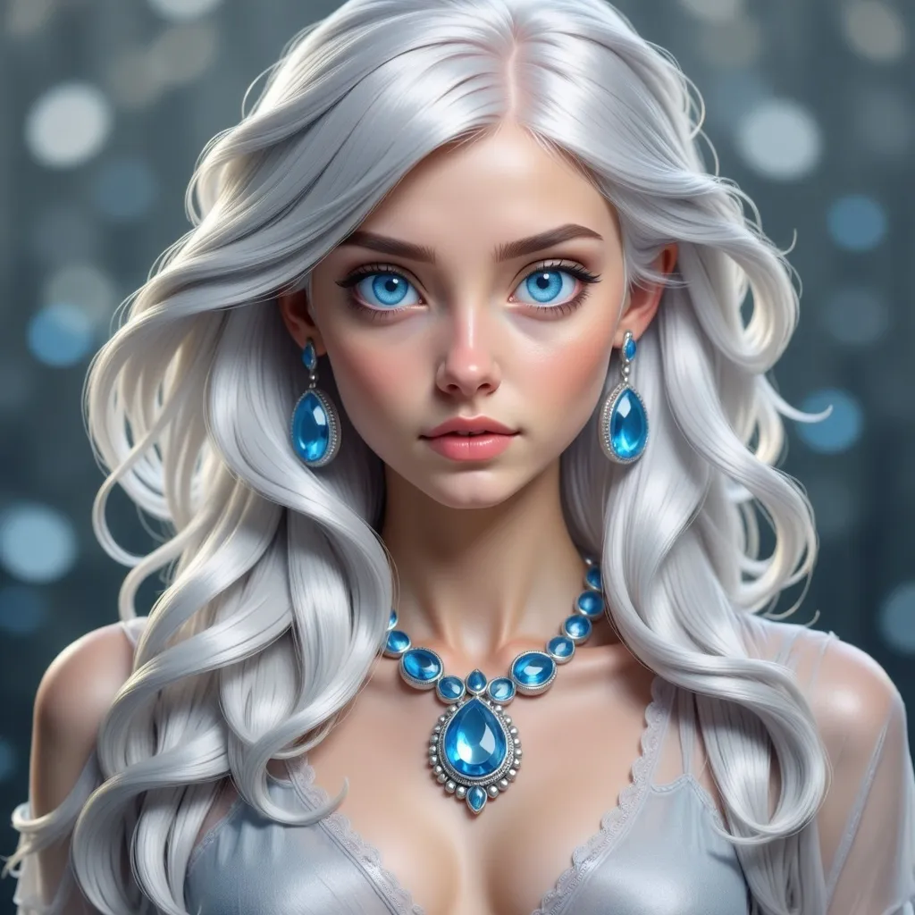 Prompt: <mymodel>A beautiful woman, white hair, blue eyes, blue eyeshadow, blue jewels o