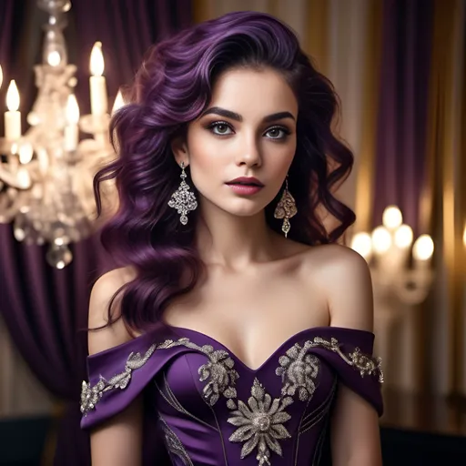 Prompt: Bathed in the warm glow of a sparkling chandelier, a woman exudes elegance and charm, her rich, purple hair cascading in voluminous waves around her shoulders. She wears an intricately designed, off-the-shoulder gown adorned with ornate details, complemented by sparkling star-shaped earrings that catch the light. The backdrop features luxurious drapes in deep shades of pink, enhancing the opulence of the scene. With a soft, inviting expression, her gaze seems to draw the viewer into a world of glamour and sophistication, embodying a sense of allure and refinement in this enchanting setting.