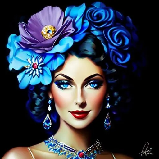 Prompt: Glamorously dressed lady of rhe 1930's wearing sapphire jewelry,blue eyes