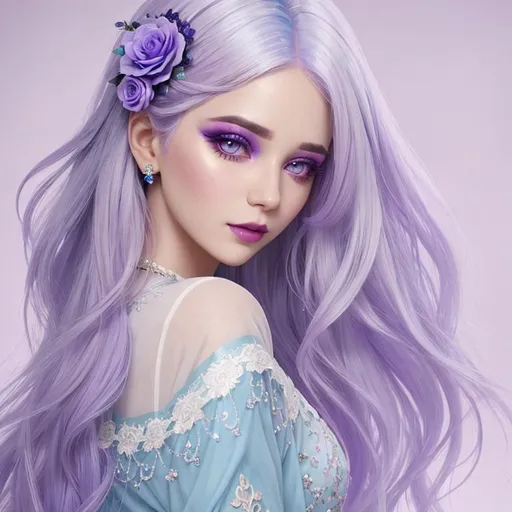 Prompt: A beautiful woman, white hair with pastel purple highlights, violet eyes, blue eyeshadow, pastel blue roses in her hair, blue jewels on forehead, cartoon style