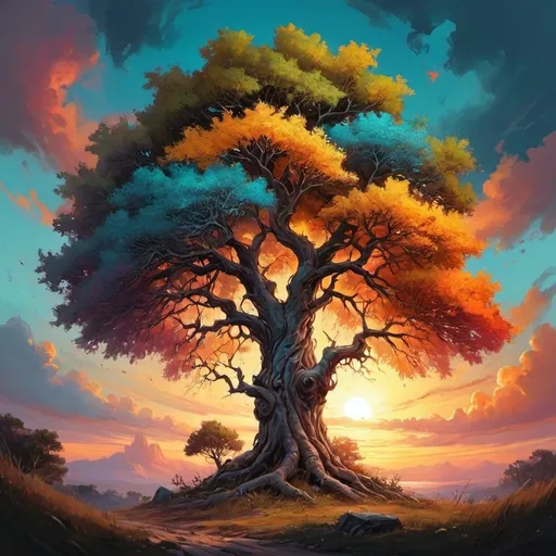 Prompt: a painting of a tree  and a  colorful sunset in the background , Cyril Rolando, metaphysical painting, highly detailed digital painting, a digital painting