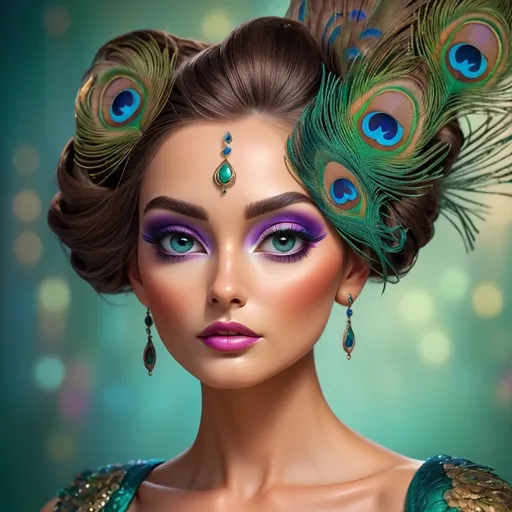 Prompt: Gorgeous woman with beautiful makeup and hair, peacock feathers, high-quality, detailed, realistic, elegant, vibrant colors, professional makeup, glamorous lighting, 4k resolution, portrait, detailed facial features, luxurious, exotic, peacock feathers, elegant hairstyle, stunning makeup, beauty shot