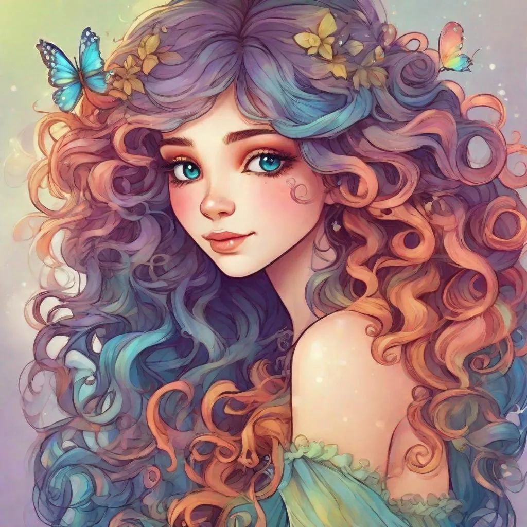 Prompt: A cute colorful fairy with curly  long hair, facial closeup