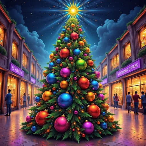 Prompt: a christmas tree is in a shopping mall with large bauble of many color and a star on top of it, Evgeny Lushpin, naive art, kinkade, a digital rendering