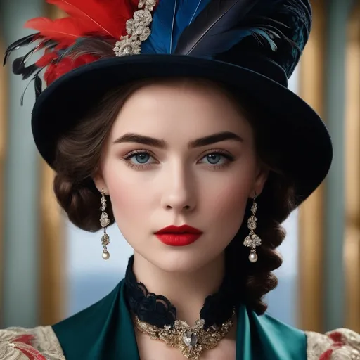 Prompt: <mymodel>fashionable 1st class  female passenger on the Titanic, pale skin, dark styled hair, large lips,  looking sad, facial closeup, vibrant colors, red dress and elaborate hat with feathers
