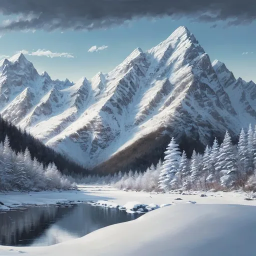 Prompt: Snowy mountain landscape, oil painting, snow-capped peaks, serene winter scene, high quality, realistic, cool tones, soft lighting, peaceful atmosphere