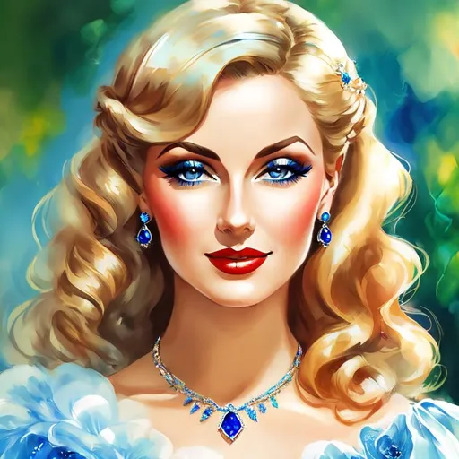 Prompt: Glamorously dressed lady of rhe 1930's wearing sapphire jewelry,blue eyes