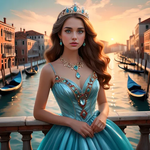 Prompt:  Elegant female princess in an aquamarine and red dress, a dress trimmed with precious stones ,a beautiful necklace,a very beautiful face,beautiful long brown hair, an ultra-realistic cute girl standing on the banks of the Venice canal,against the sunset background, a very beautiful fantasy drawing, photorealistic details,