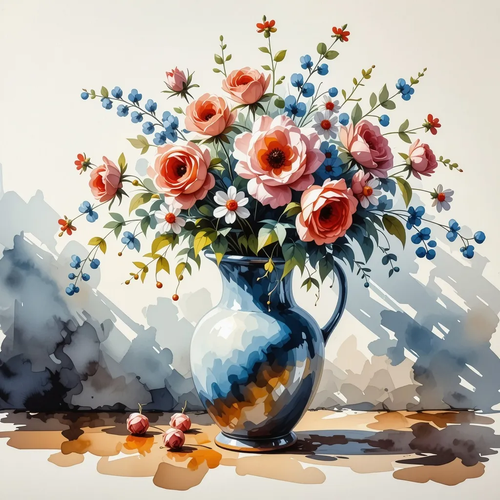 Prompt: A watercolor  painting of a vase  of flowers