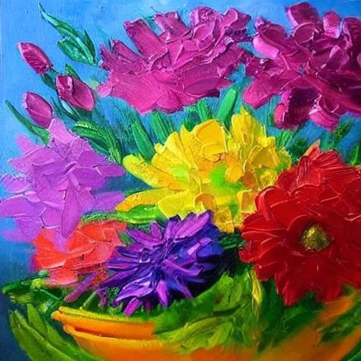 Prompt: flowers, paint, oil, art, colourful